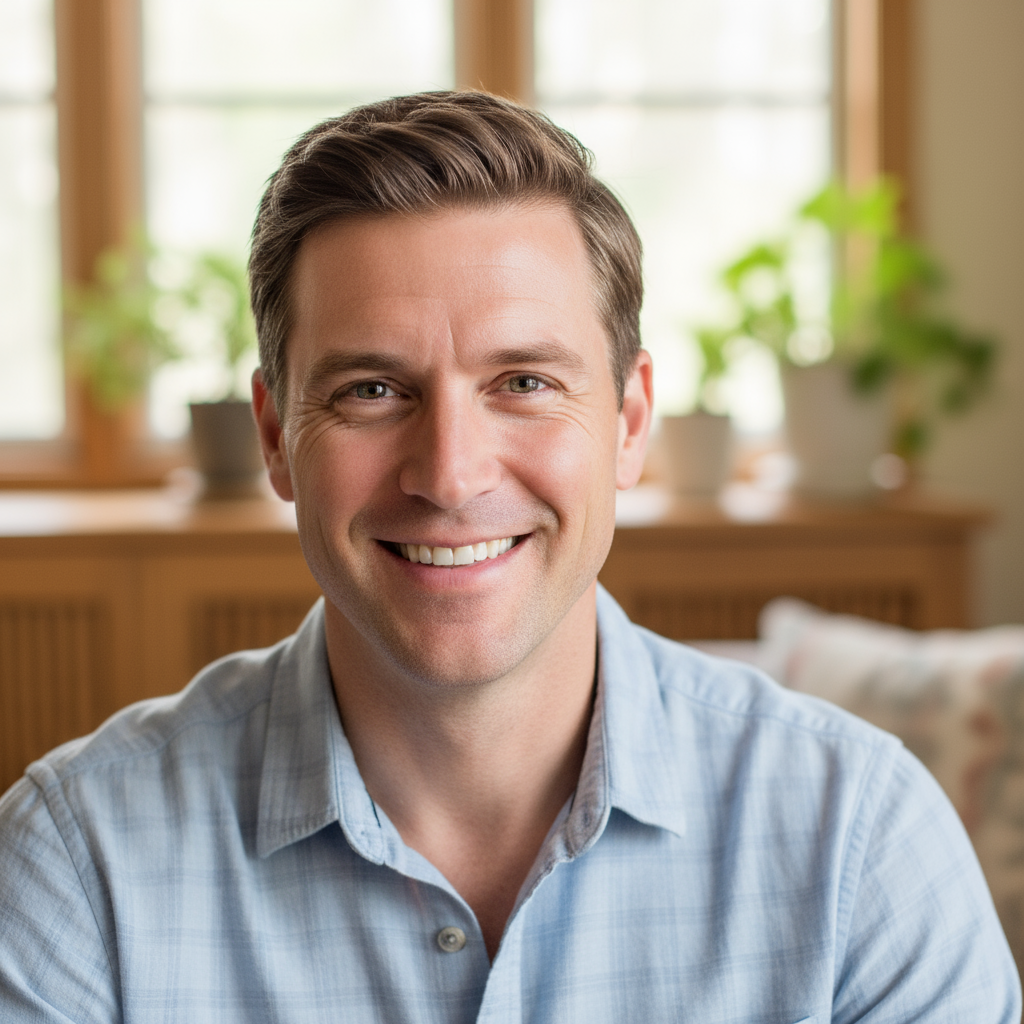 Friendly man with short hair in casual shirt smiling in modern home