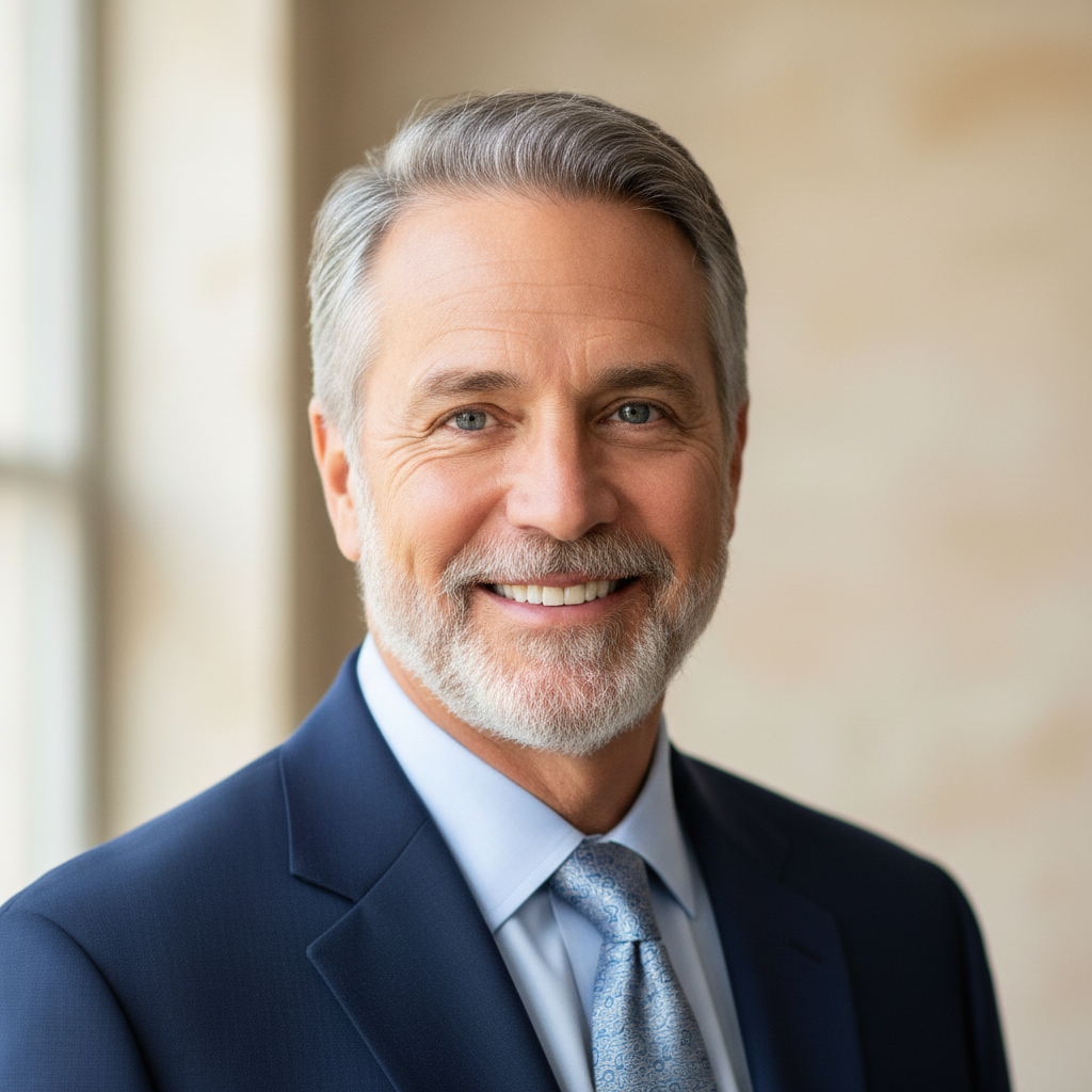 Professional man with gray hair in business casual attire in elegant home