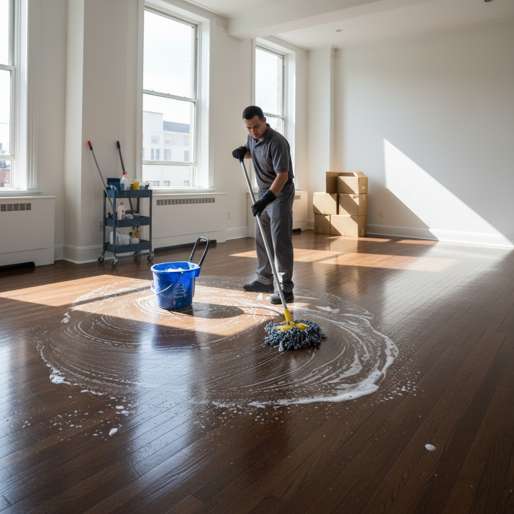 Empty room being cleaned with mop and bucket, windows sparkling