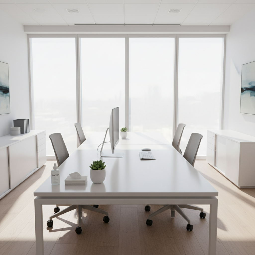 Modern office space with clean desks and organized workspace