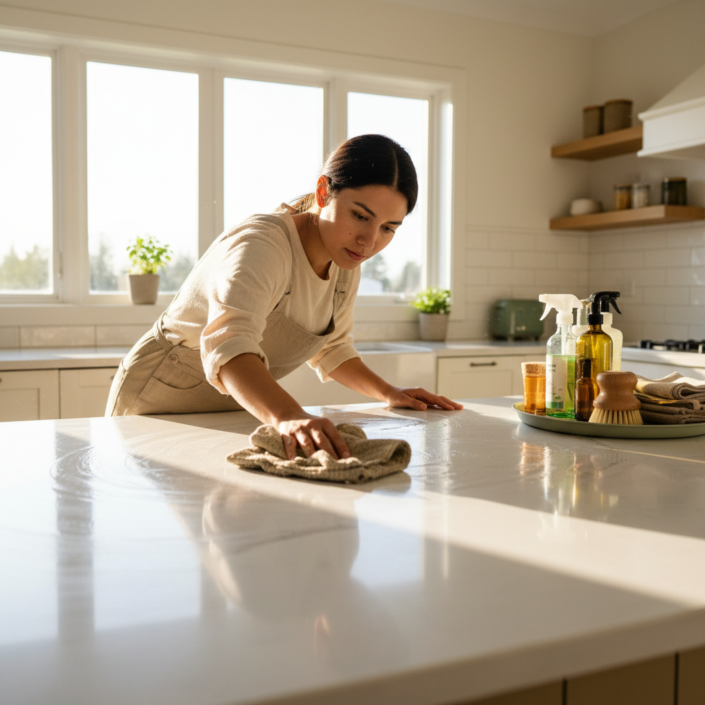 Professional cleaner deep cleaning kitchen appliances with eco-friendly products